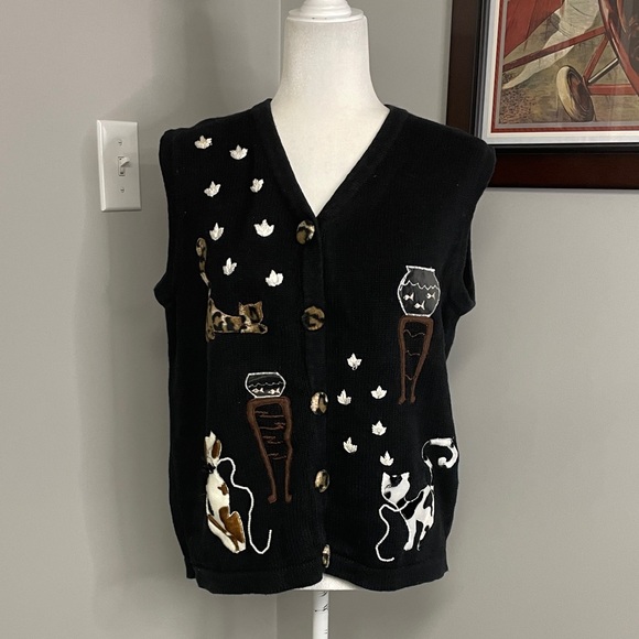 Victoria Harbour Sweaters - Victoria Harbour Womens black cats kitty sweater vest size Large fun kitsch